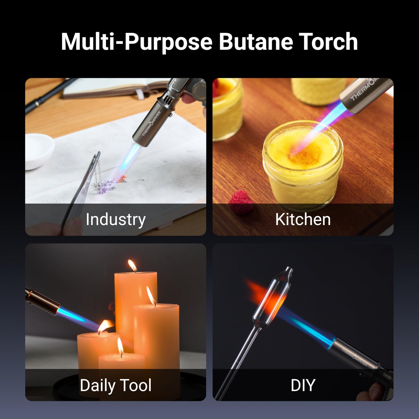ThermoMaven Metal Butane Torch, Kitchen Torch Lighter, Refillable Cooking Blow Torch, Fit All Butane Tanks with Adjustable Flame for Culinary Food, Brulee, Baking, Soldering, DIY (Fuel Not Included)