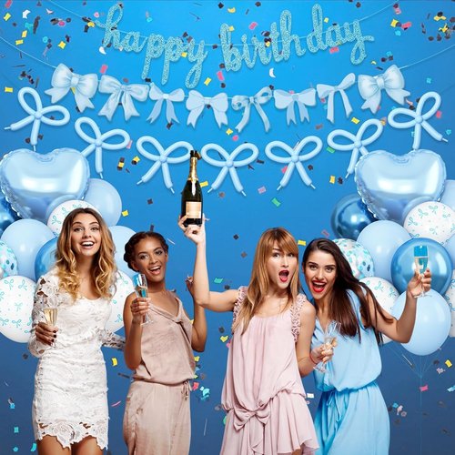 Blue Bow Birthday Decorations - Coquette Party Set with Happy Birthday Banner & Heart Foil Balloons