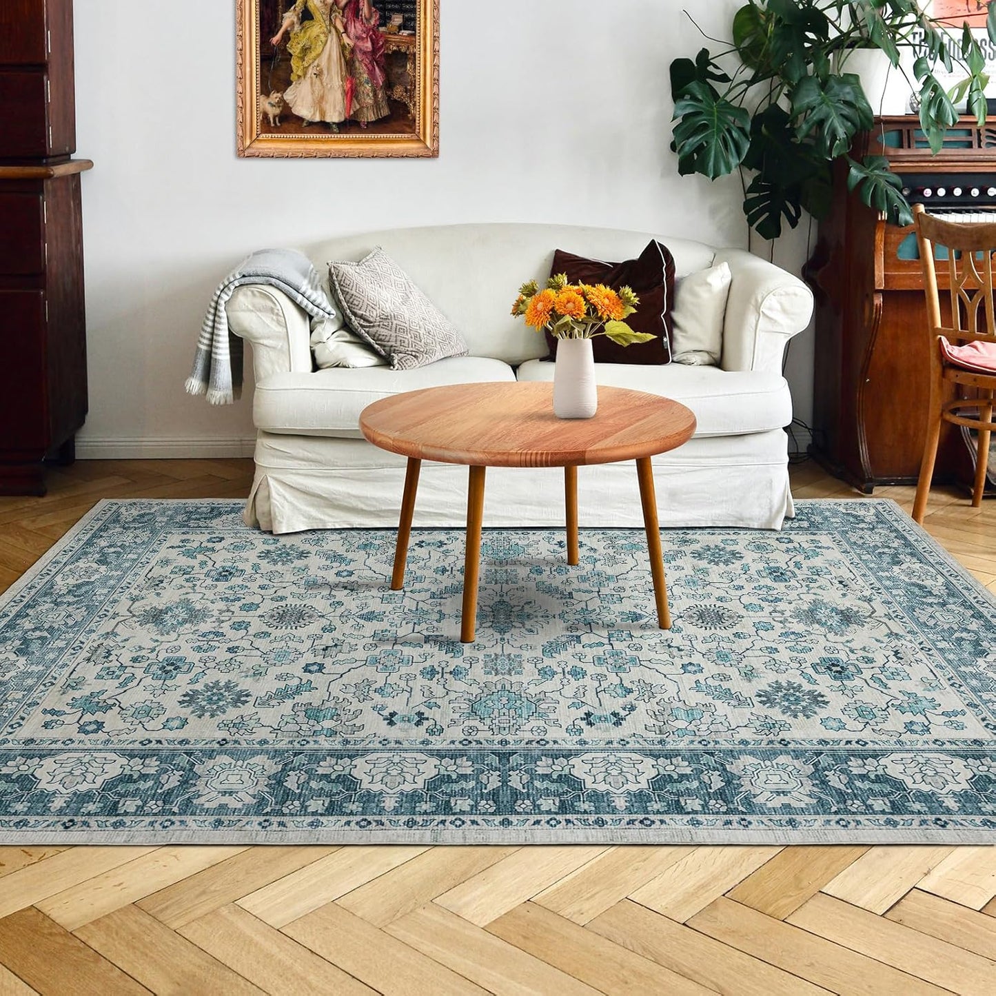 Area Rug 3×5, Vintage Boho Rug,Ultra-Soft Low Pile, Washable, Non Slip,Stain Resistant, Printed Carpet for Living Room Bedrooms Playroom Office Kitchen,Turquise/Cream