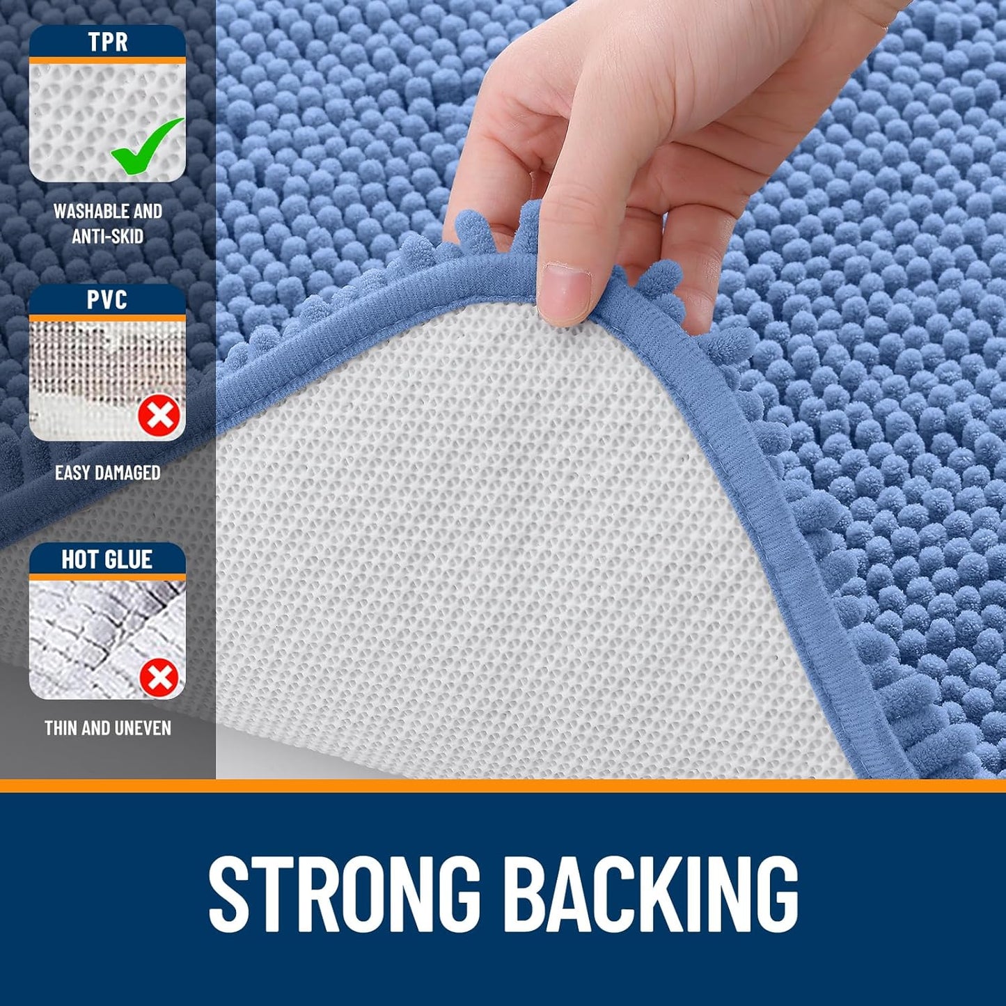 OLANLY Large Chenille Bath Rugs - Soft, Absorbent & Quick-Dry | 70x46, Rubber Backing, Cornflower Blue
