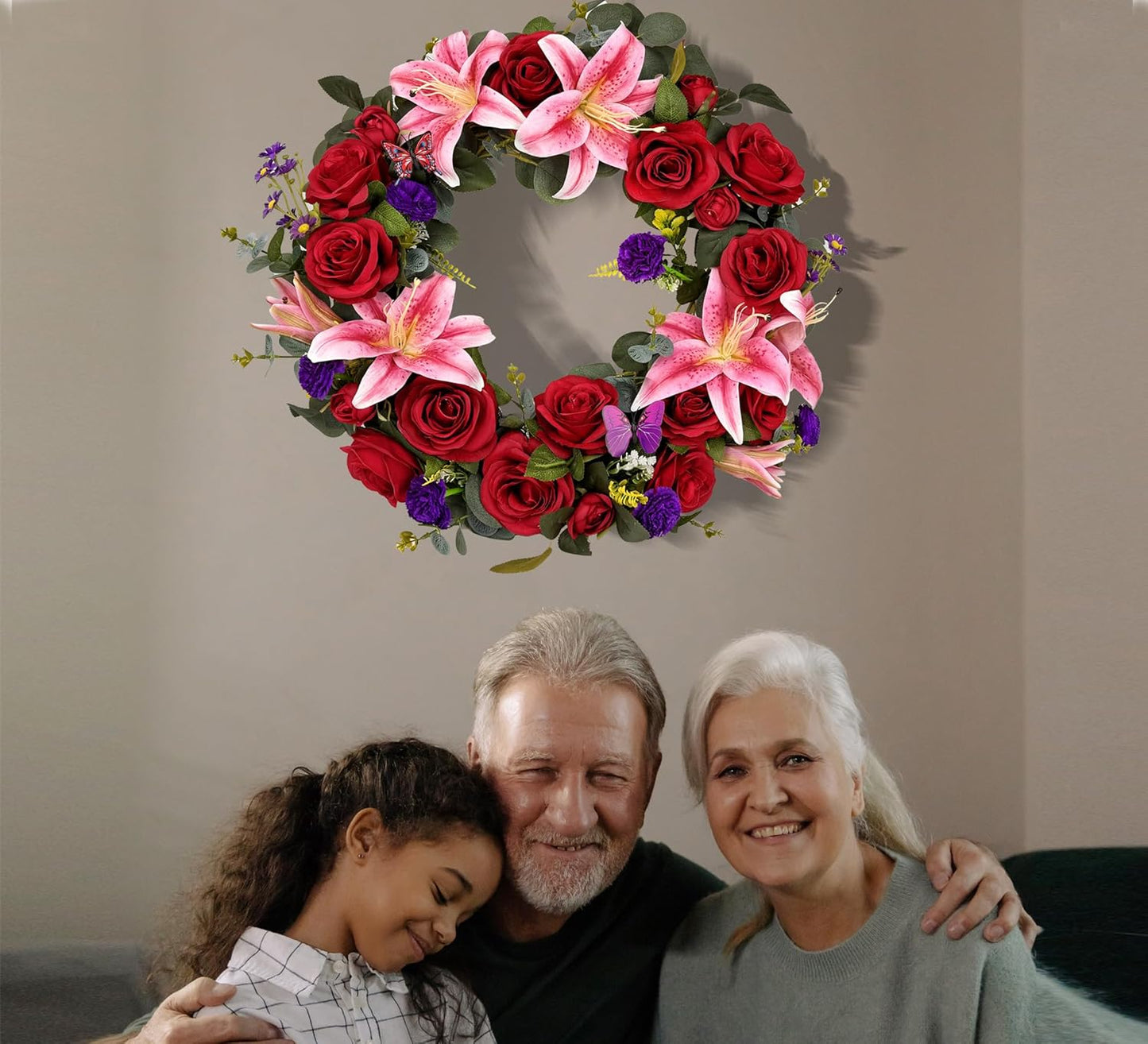 Regine Switzerland Cemetery Wreath - Handmade Floral Arrangement with 30-Inch Easel Stand | Red & Pink Roses, Lilies, Daisies, Carnations
