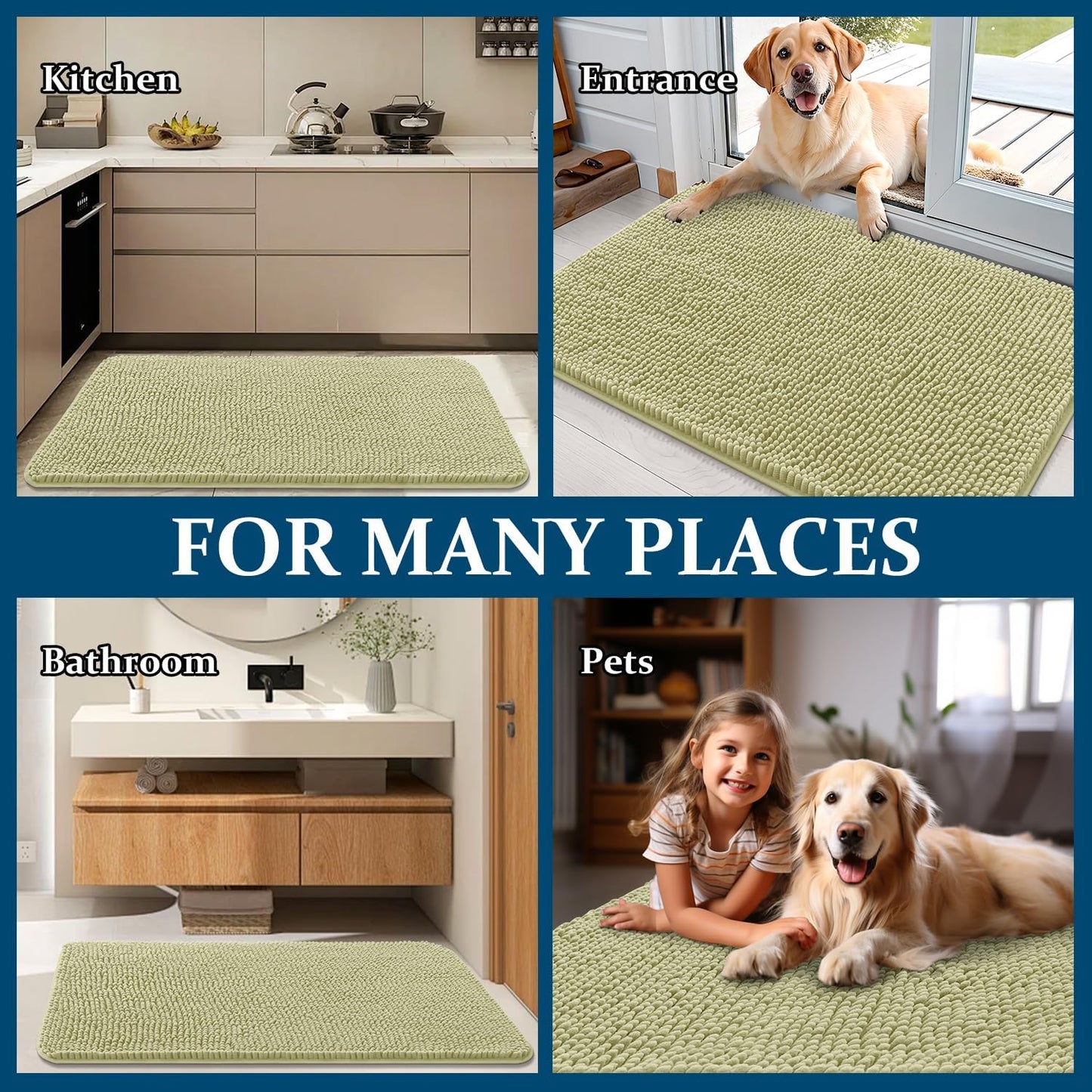 OLANLY Dog Door Mat - Absorbent Non-Slip Washable Doormat for Muddy Paws | 47x32, Quick Dry Chenille in Vanilla