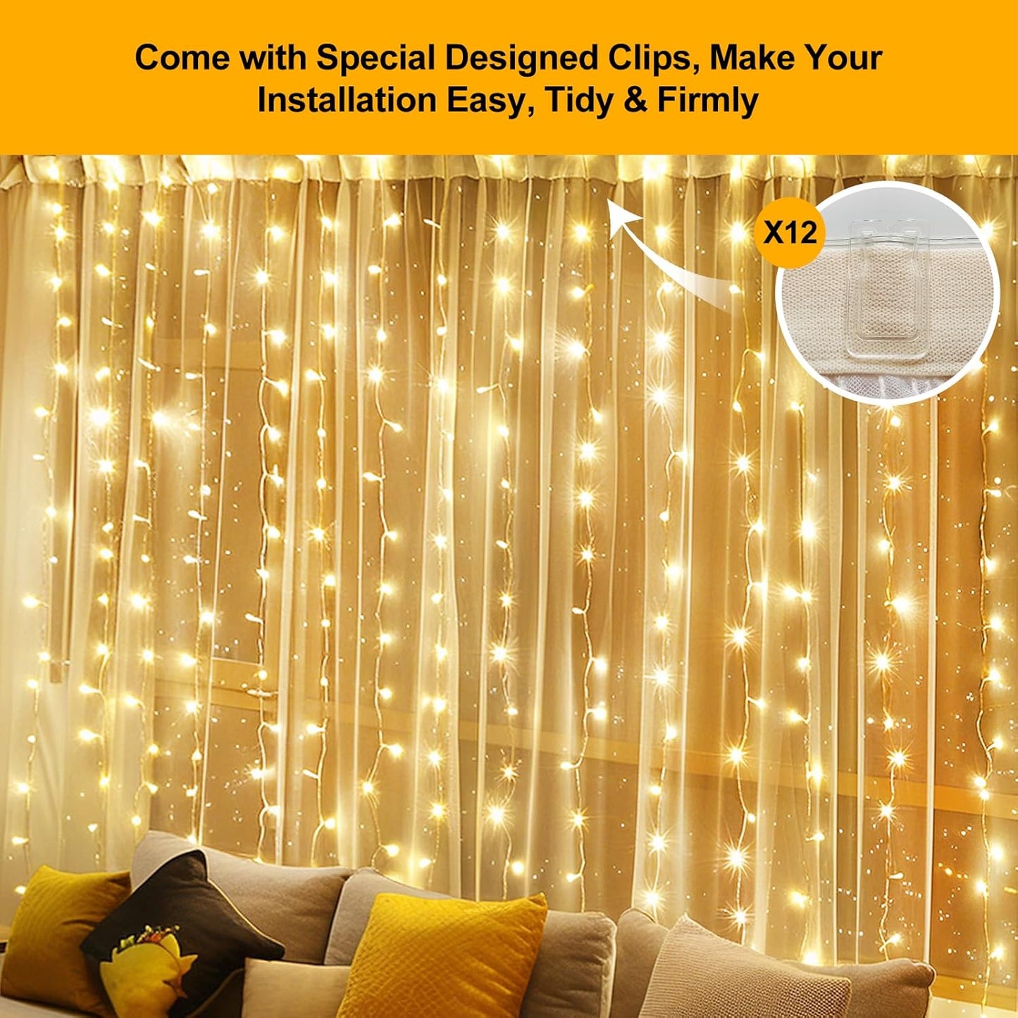 Skiennix 200 LED Fairy Curtain Lights - 6.6 x 6.6 FT Warm White with Remote & 8 Modes for Indoor/Outdoor Decor