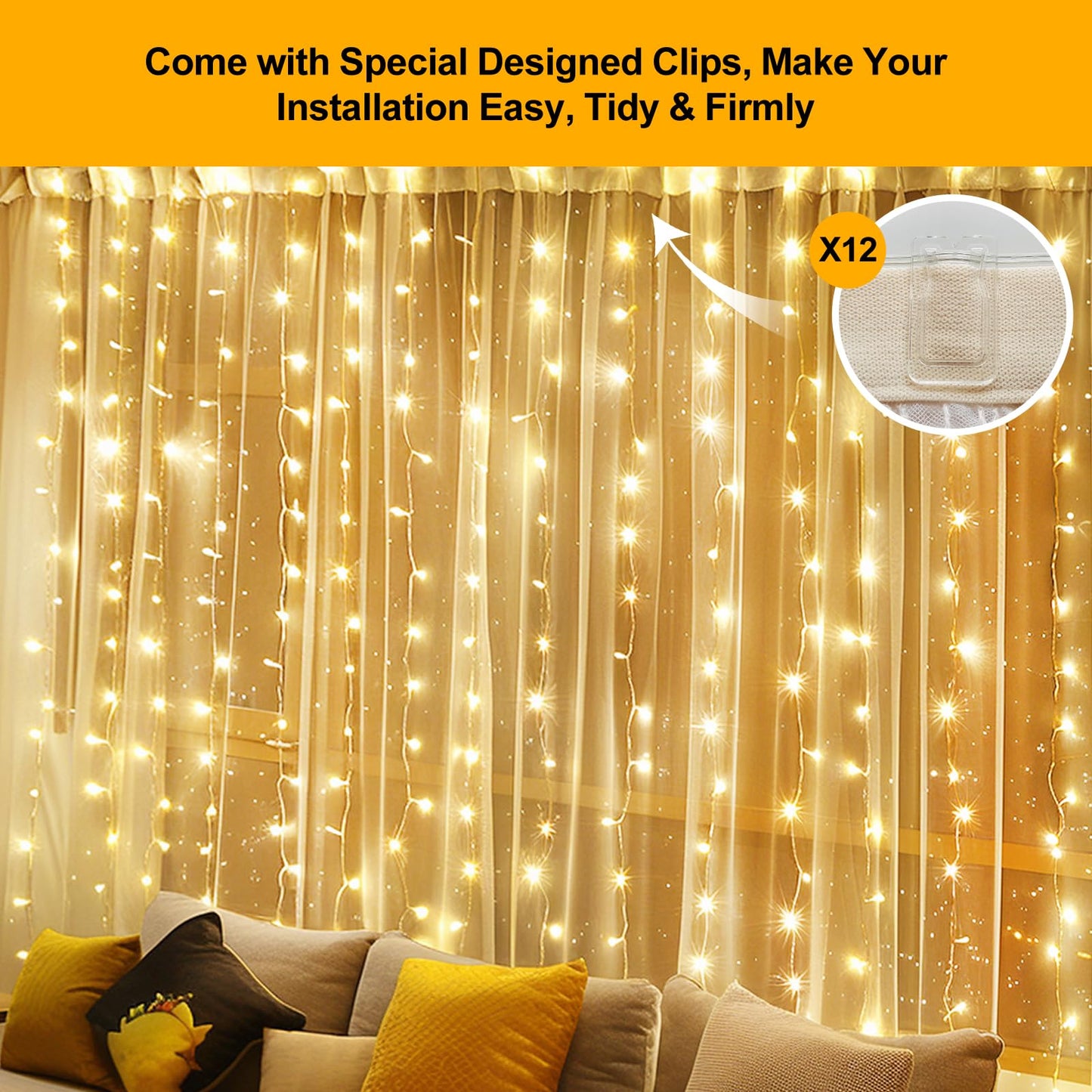 HOLITS 2 Pack 300 LED Fairy Curtain Lights, 9.8 x 9.8FT Warm White USB Plug in 8 Modes String Hanging Lights with Remote for Christmas, Bedroom, Indoor, Outdoor, Weddings, Party (Warm White)
