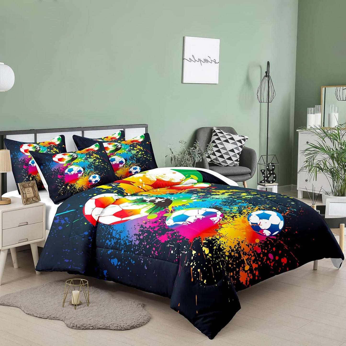 Bodhi Rainbow Graffiti Football Bedding for Boys & Teens - Full Comforter Set with Matching Pillowcases