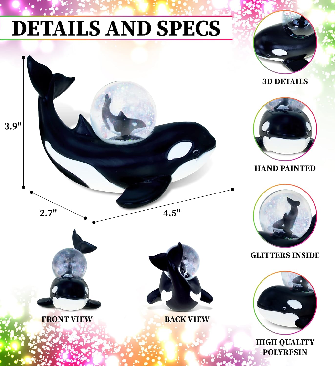 Killer Whale Shark Snow Globe - Ocean Animal Figurine with Glitter | COTA Global 45mm Collectible Home Decor Gift
