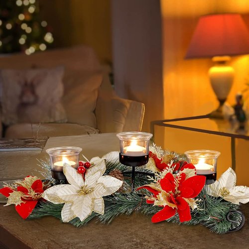 FORUP Christmas Centerpiece - Elegant Poinsettia Design with 3 Flameless Candles | Holiday Table Decor