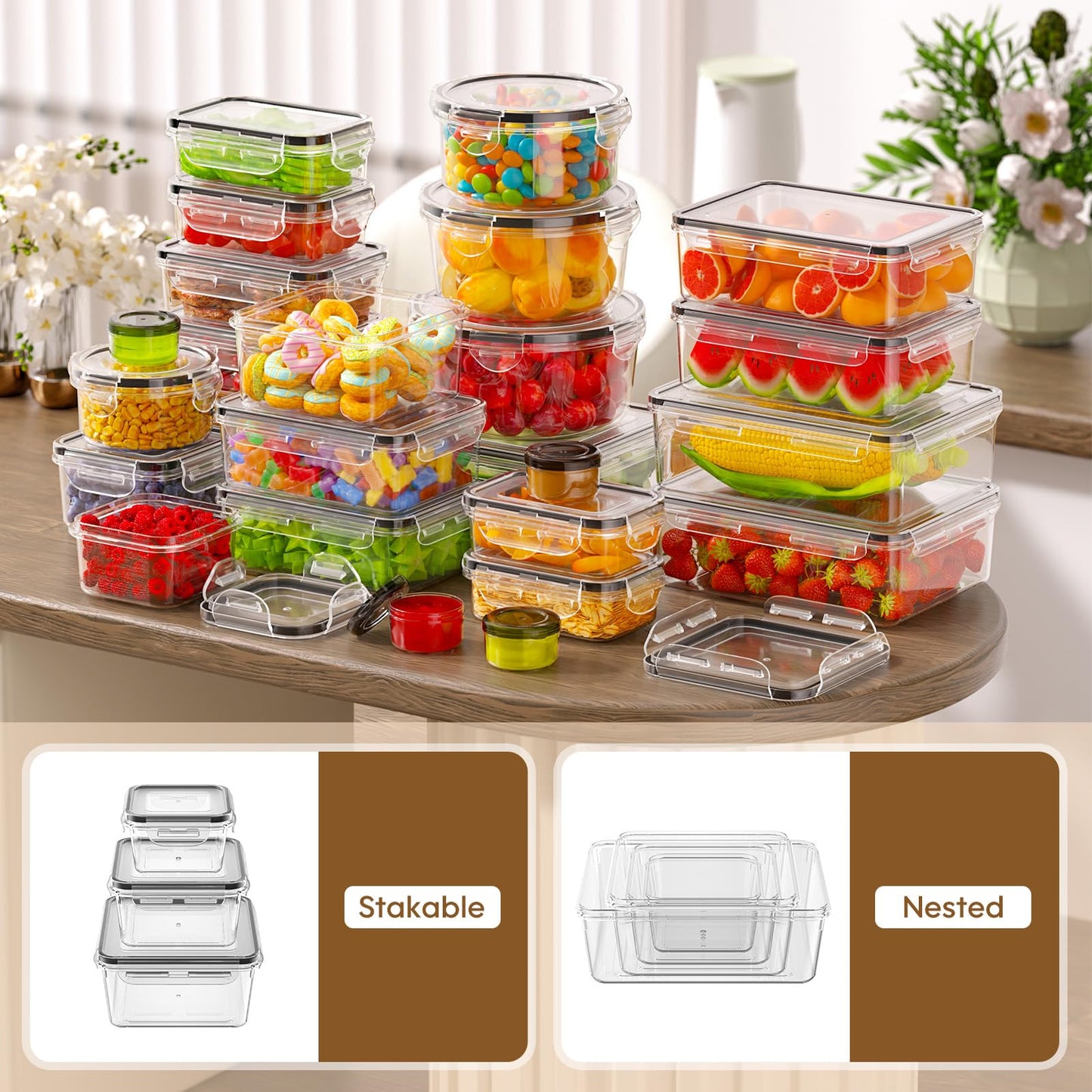 KEMETHY 50 Pcs Large Food Storage Containers with Lids Airtight, Total 628.8OZ Stackable Kitchen Organization Set, BPA-Free Plastic Meal Prep Container with Labels & Marker Pen