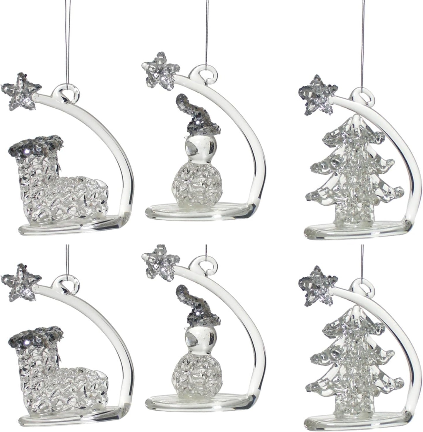 Glitter Christmas Ornaments Set of 3 - Boot, Tree & Snowman Glass Decor - 2.25” H x 1.75” W