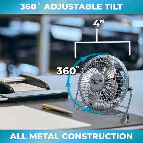 Comfort Zone Mini Desk Fan - High Velocity 4-Inch All-Metal USB Fan with 360° Adjustable Tilt & Quiet Operation | Perfect for Office, Home & Travel