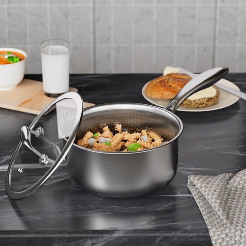 COOKER KING 1.5 Quart Stainless Steel Saucepan - Nonstick Ceramic Pot with Tempered Glass Lid | Induction Compatible & Dishwasher Safe
