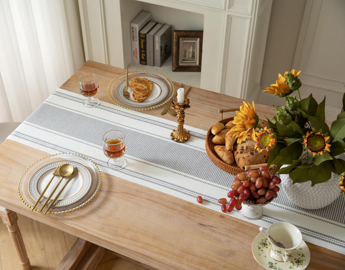 Caflife Boho Table Runner Grey Stripe for Modern Farmhouse Coffee Table Decor, Rustic Woven Runner with Handcrafted Tassels for Home Dining Table décor 13 x 108 Inch Long