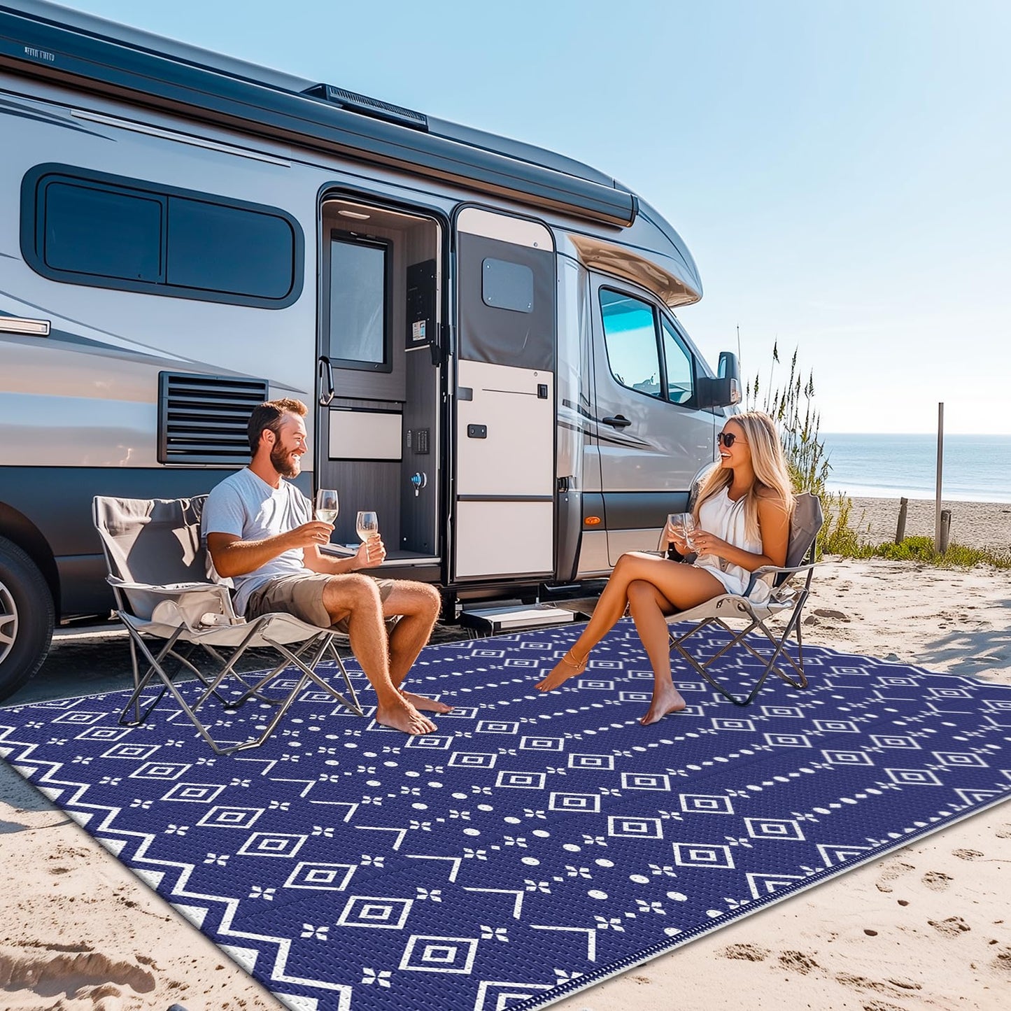 StepRite 8’ x 10’ Reversible Outdoor Rug, Waterproof Plastic Straw Rug, Patio Rug, Large Modern Area Rug Carpet, Indoor Outdoor Rugs for Camping, Porch, Deck, Balcony, Backyard, RV, Picnic(Blue)