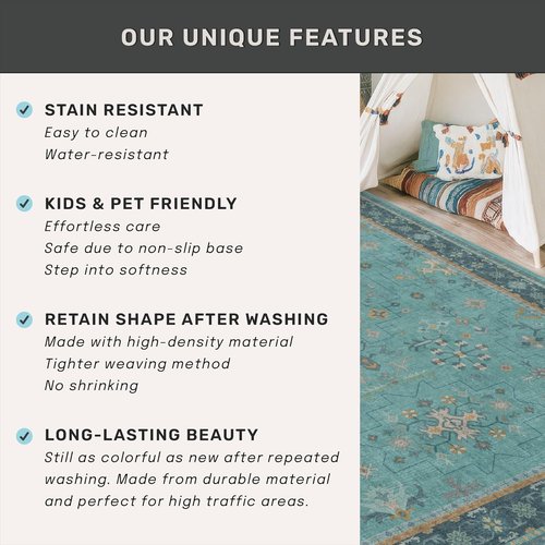 Boho 2'6” x 8' Teal Hallway Runner Rug - Washable, Non-Slip Vintage Floral Indoor Carpet