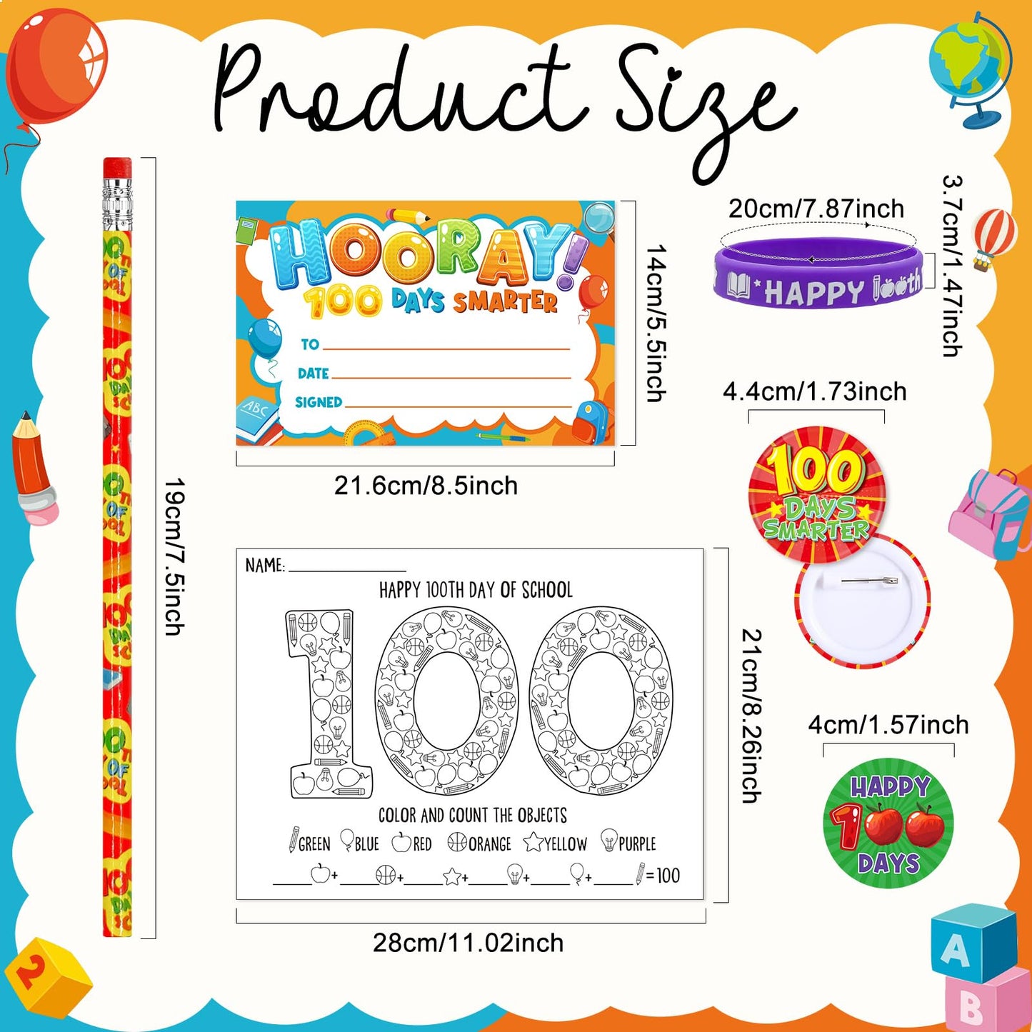 180 Pcs 100 Days of School Awards Set,Happy 100th Day Certificate of Award Rubber Bracelets Wristbands Coloring Posters Pencils 100 Days Smarter Badges Pins Stickers for School Party Gift Favors