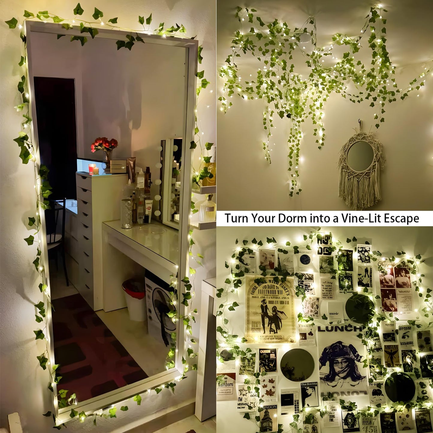 YOUNGAR Ivy Vines with Fairy Lights,Leaf String Warm White Lights Battery/USB Operated,23FT 73LED Fake for Bedroom Wall Room Wedding Birthday Garden Party Wall Room Decor