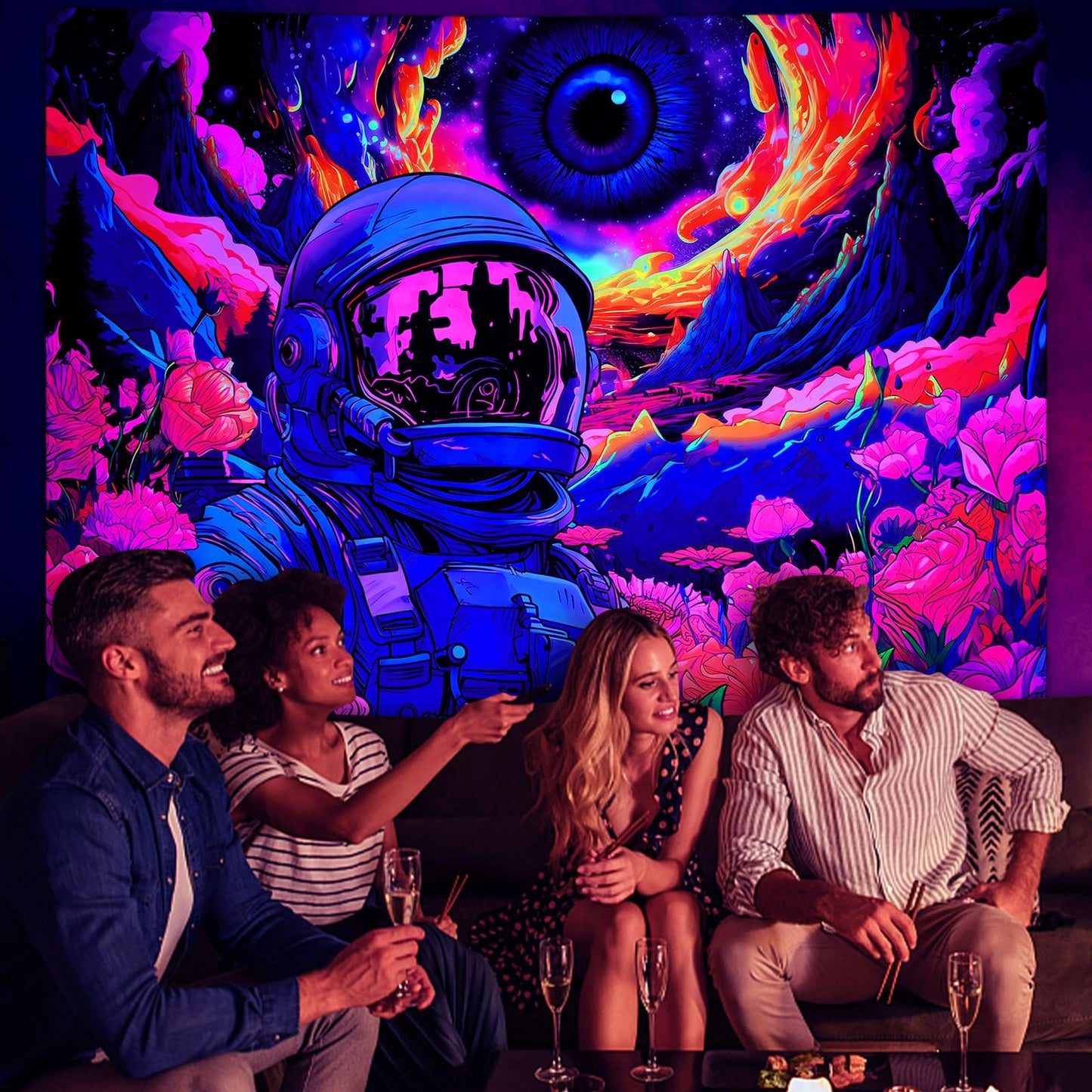 AtawLege Blacklight Astronaut Tapestry Hippie Eyes Tapestry UV Reactive Flowers Plants Tapestry Neon Galaxy Space Wall Hanging for Bedroom (70.9 x 92.5 inches)