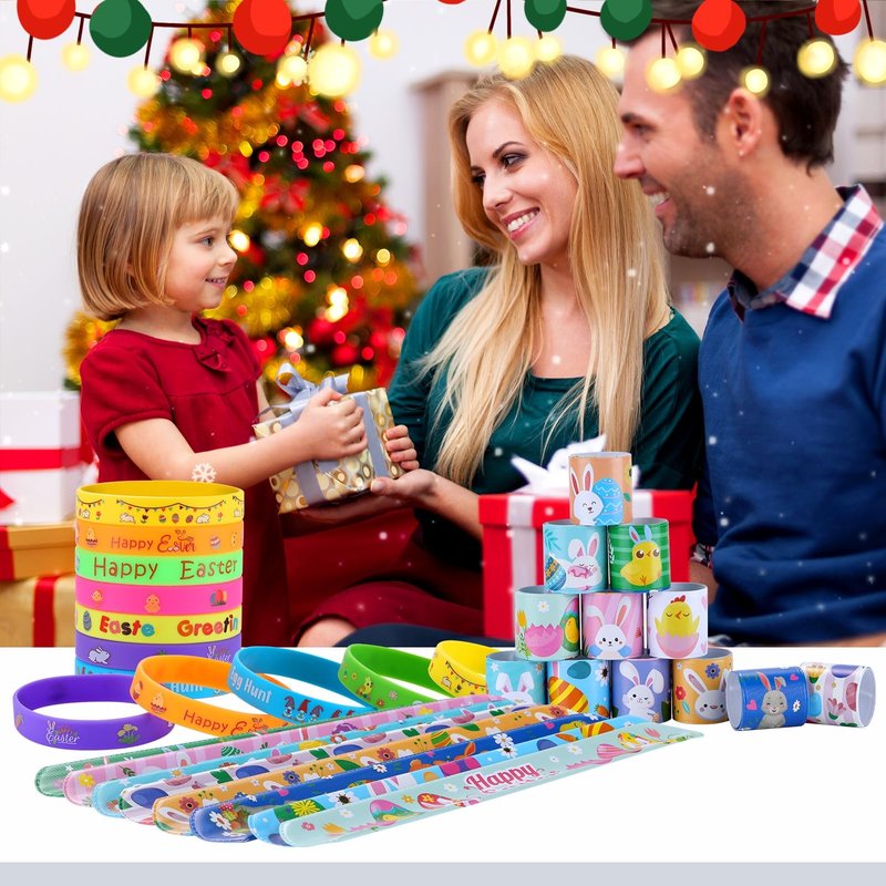 xutengy 48Pcs Easter Party Favors Decorations Slap Bracelets Rubber Wristbands for Kids Girls Boys,Easter Basket Stuffers Easter Egg Fillers Gifts for Toddlers