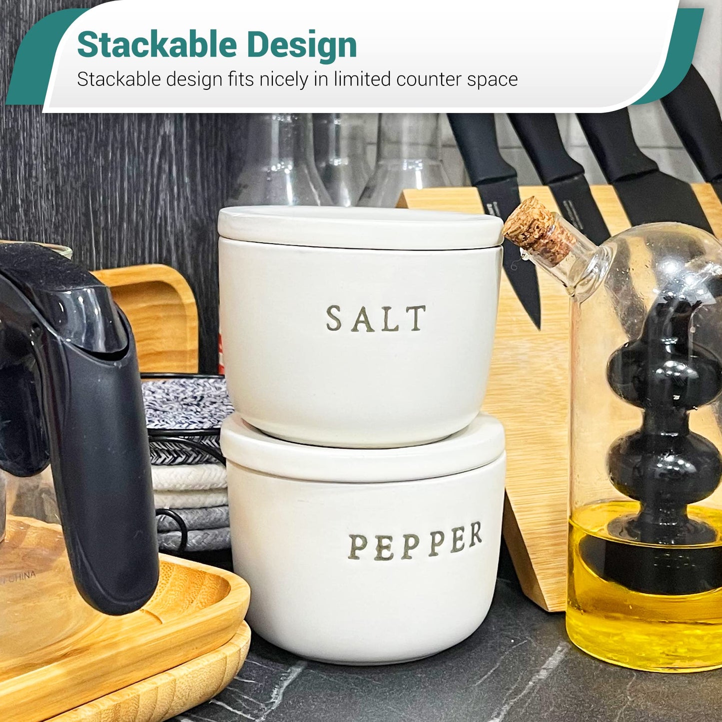 Kolibrox Stoneware Salt and Pepper Cellar Set - Stylish, Functional Kitchenware for Effortless Seasoning - Versatile, Creamy Durable Stone Design - Perfect for Kitchen & Home Decor