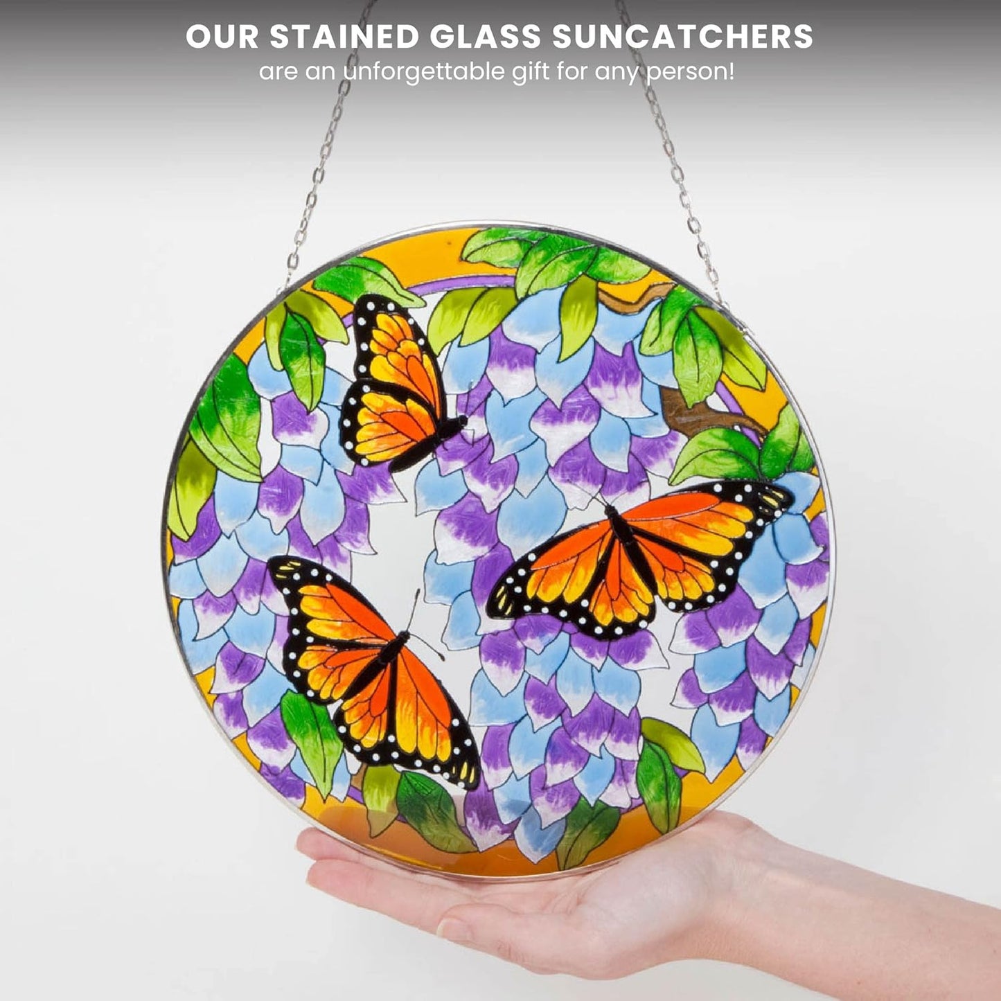 Hand-Painted Monarch Butterfly Stained Glass Suncatcher - Artistic Window Decor for Home & Garden