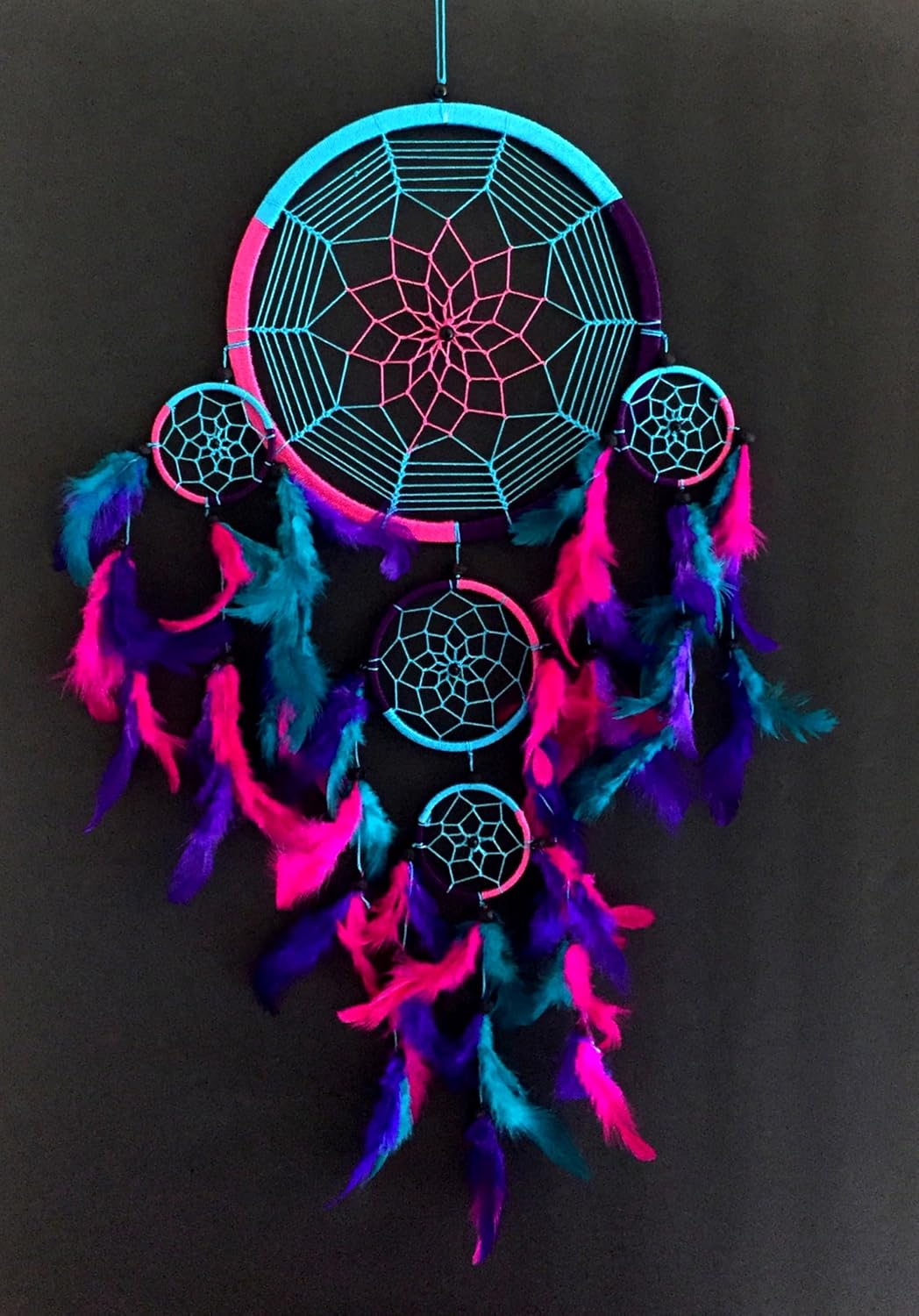 Handmade Rainbow Chakra Dream Catcher - 7" Diameter with Tie Dye Feathers & Beads