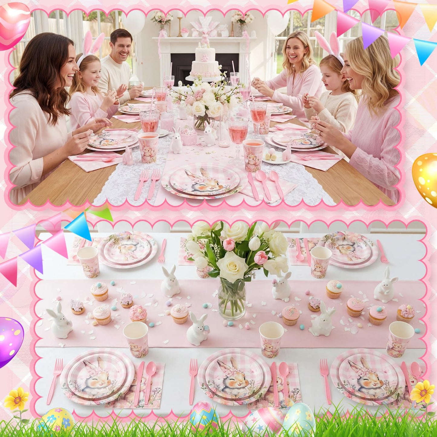 Honeydak 210 Pcs Pink Bunny Party Supplies for 30 Guests, Includes Spring Rabbit Plates, Cups, Napkins, Cutlery - Cute Pink Bunny Tableware Decoration for Baby Shower Easter Party