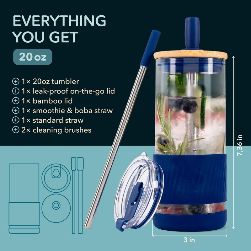 Pandaloo® Glass Cups With Lids and Straws -20 Fl Oz- Perfect Size Iced Coffee Cup - Smoothie Cup With Bamboo Lid and On the go Lid (Galactic Blue, 1 Count (Pack of 1))