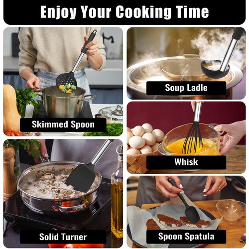 E-far 14 Pieces Silicone Cooking Utensils Set, Kitchen Utensils Set with Holder, Spatula, Ladle, Spoon, Tong, Slotted Turner for Nonstick Cookware, Heat Resistant & Stainless Steel Handle, Black