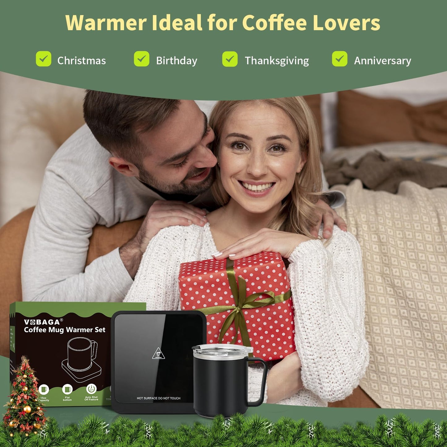 VOBAGA Mug Warmer with 15oz Mug Set, Smart Coffee Mug Warmer for Desk with 5 Temp Settings & 2-12H Auto Shut Off, Coffee Warmer for Candles, Coffee, Cocoa, Milk, Best Coffee Gifts for Men Women