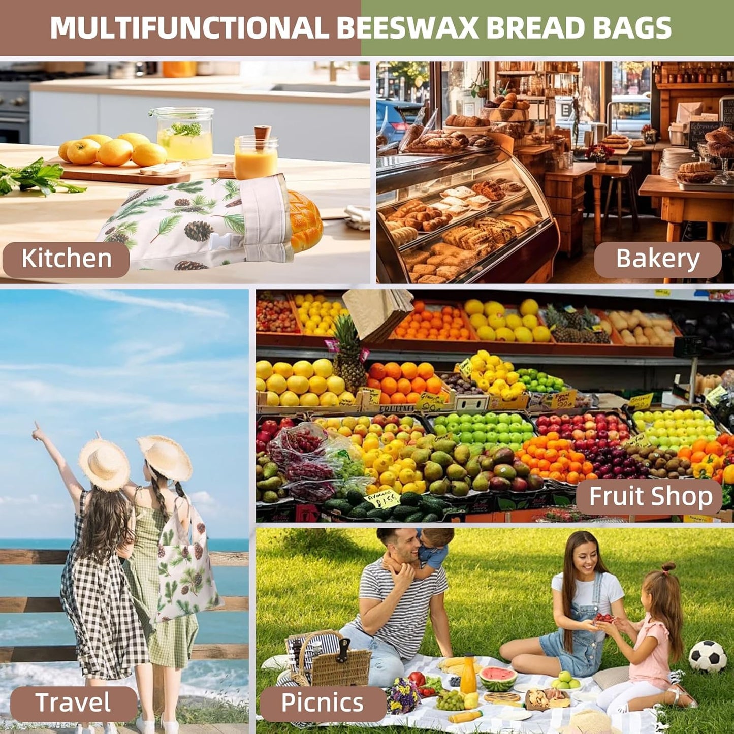 Skiennix Reusable Beeswax Bread Bags - Eco-Friendly Cotton Sourdough Storage | Large 2-Pack