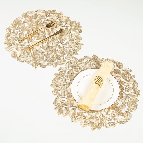 Crisjanggo Gold Leaf Placemats Set of 8 Metallic Round Placemats Wipeable Waterproof Table Mats for Kitchen Dinner Indoor Outdoor Wedding