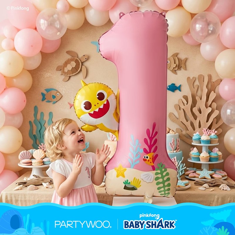 PartyWoo Baby Shark Pink Foil Number 1 Balloon 40 Inch Pink Mylar Helium Birthday Number Balloons for Girls and Boys Baby Shark Under the Sea Ocean Theme Kids First Birthday Party Decorations