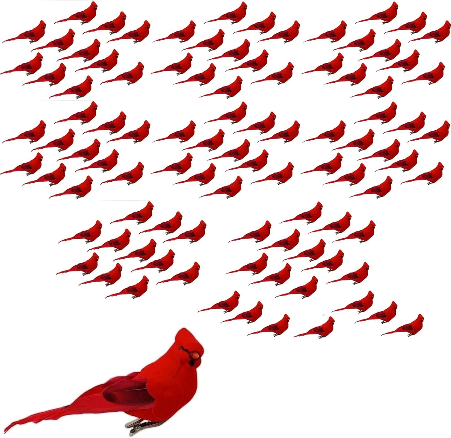 Red Cardinal Clip-On Christmas Tree Ornaments - Set of 12, 5" Long with Flocked Body & Feathered Wings