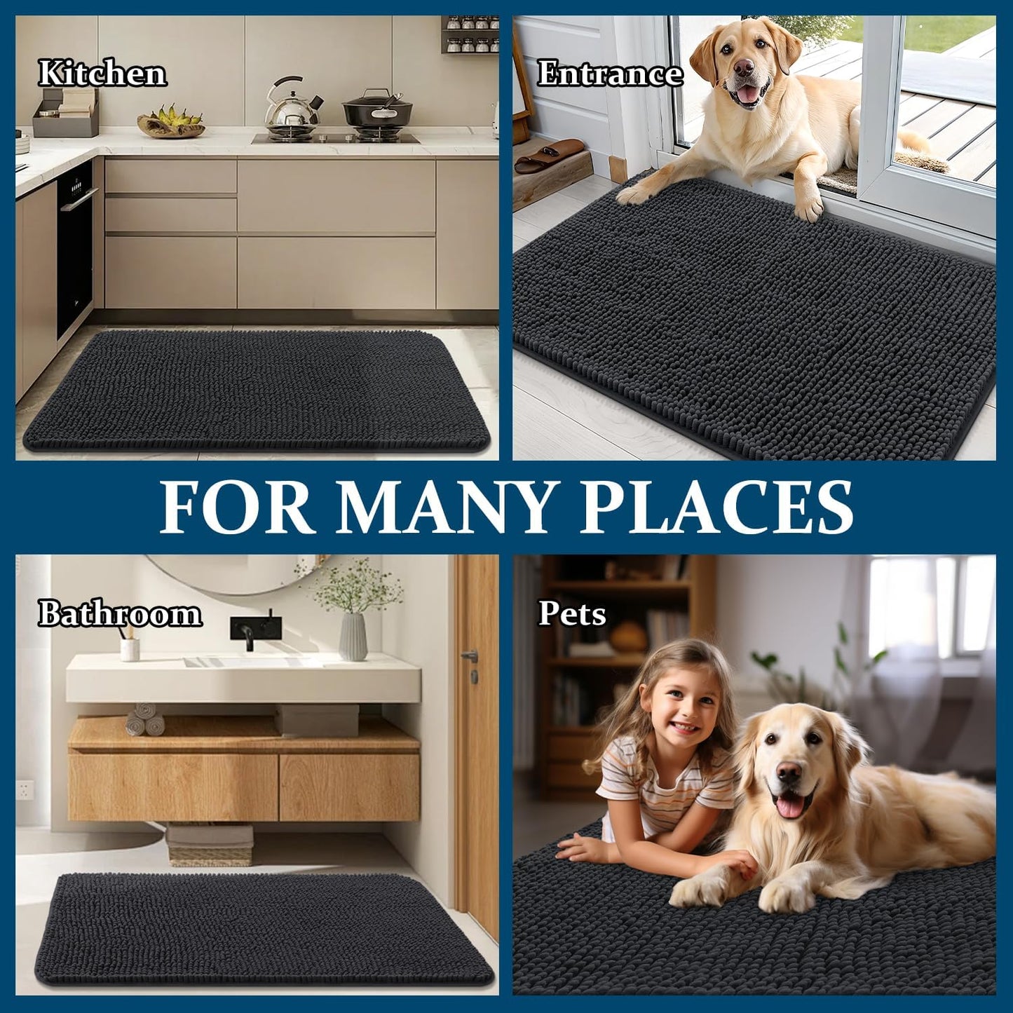 OLANLY Dog Door Mat - Absorbent Non-Slip Chenille for Muddy Paws | 47x17 Inches, Quick Dry, Dark Grey