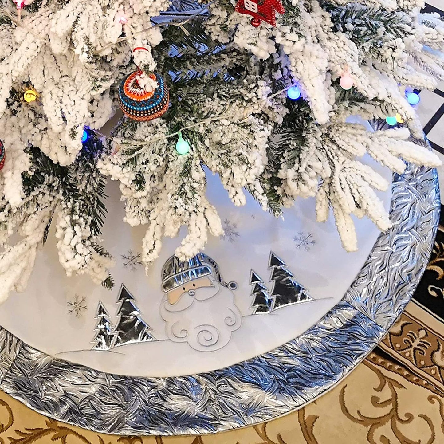 Luxury 36'' Snowman Christmas Tree Skirt - Silvery White Embroidered Snowflake with Satin Border