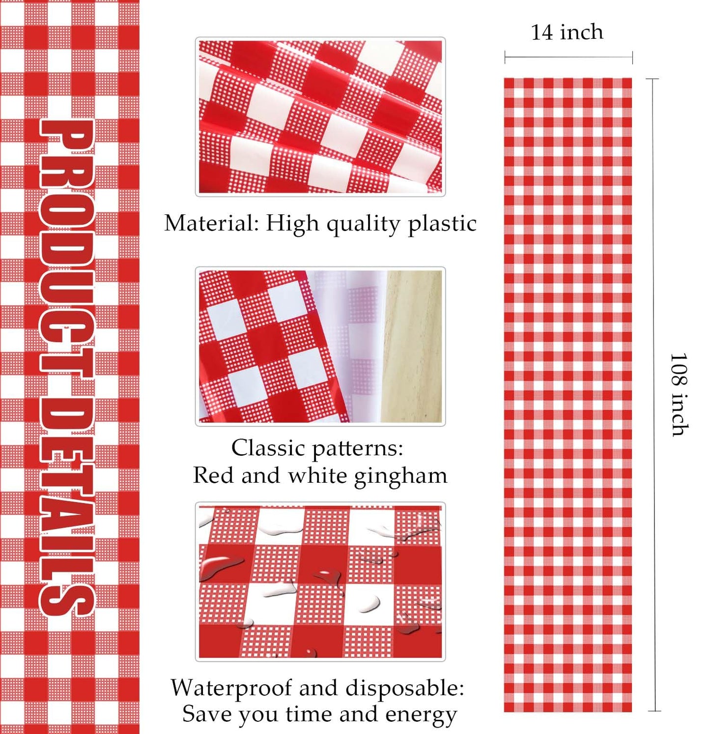 MUNILAIL 6 Pcs Red and White Checkered Table Runner Plastic 14 x 108 Disposable Gingham Table Runner for Birthday Wedding Baby Shower Christmas Party Table Centerpiece Decorations