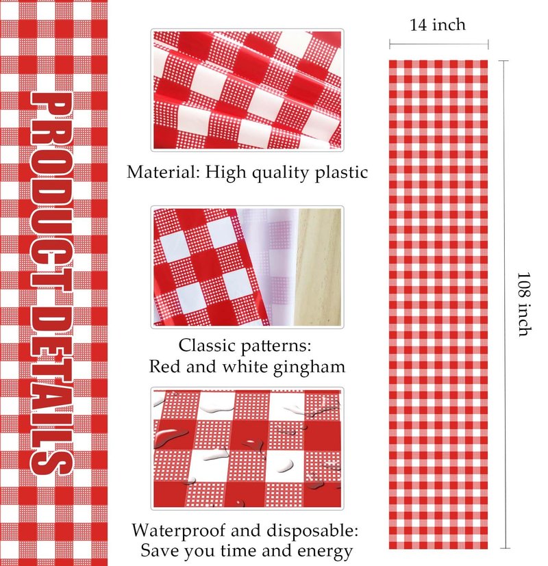MUNILAIL 6 Pcs Red and White Checkered Table Runner Plastic 14 x 108 Disposable Gingham Table Runner for Birthday Wedding Baby Shower Christmas Party Table Centerpiece Decorations
