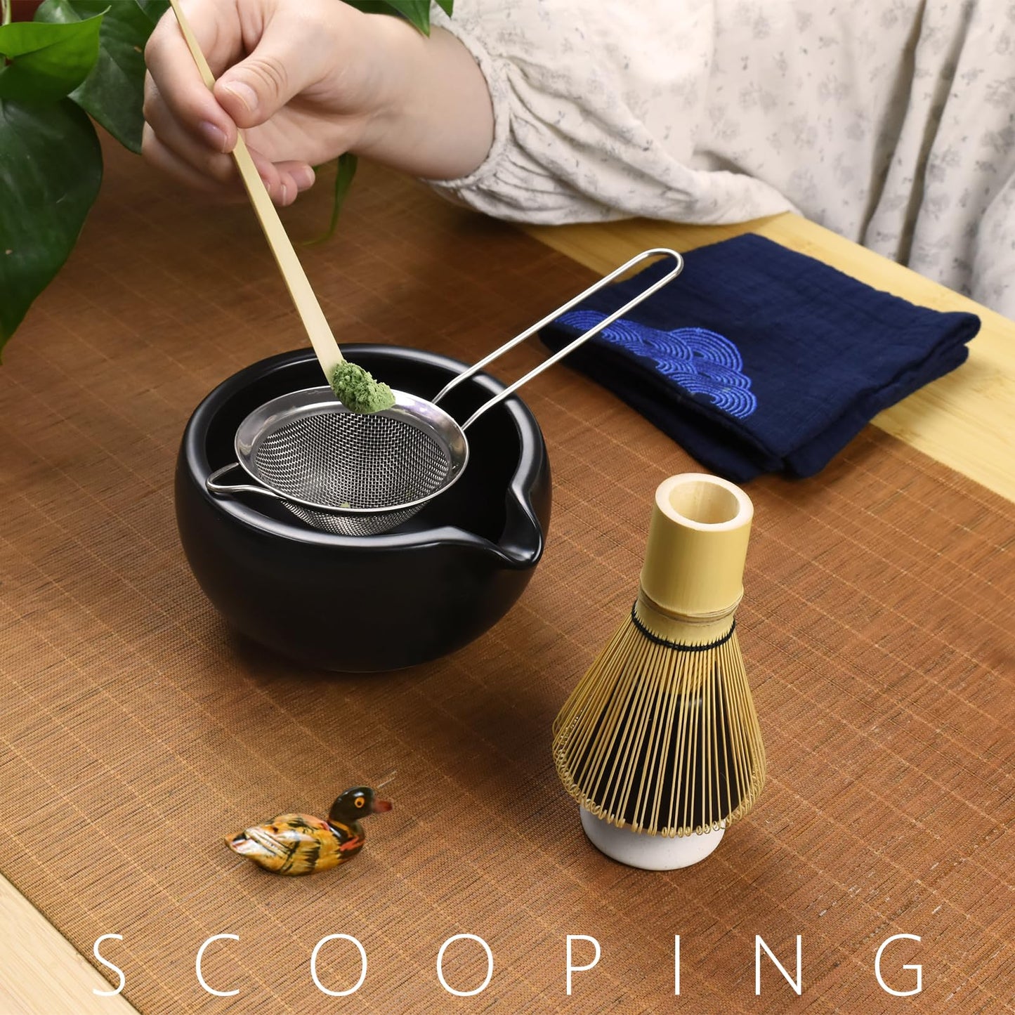 Artcome 7 Pcs Complete Matcha Tea Ceremony Kit for Tea Ceremony, Bowl with Pouring Spout, Whisk, Tea Scoop, Matcha Powder Strainer, Matcha Tea Set For Making Usucha, Koicha and Matcha Latte (Black)