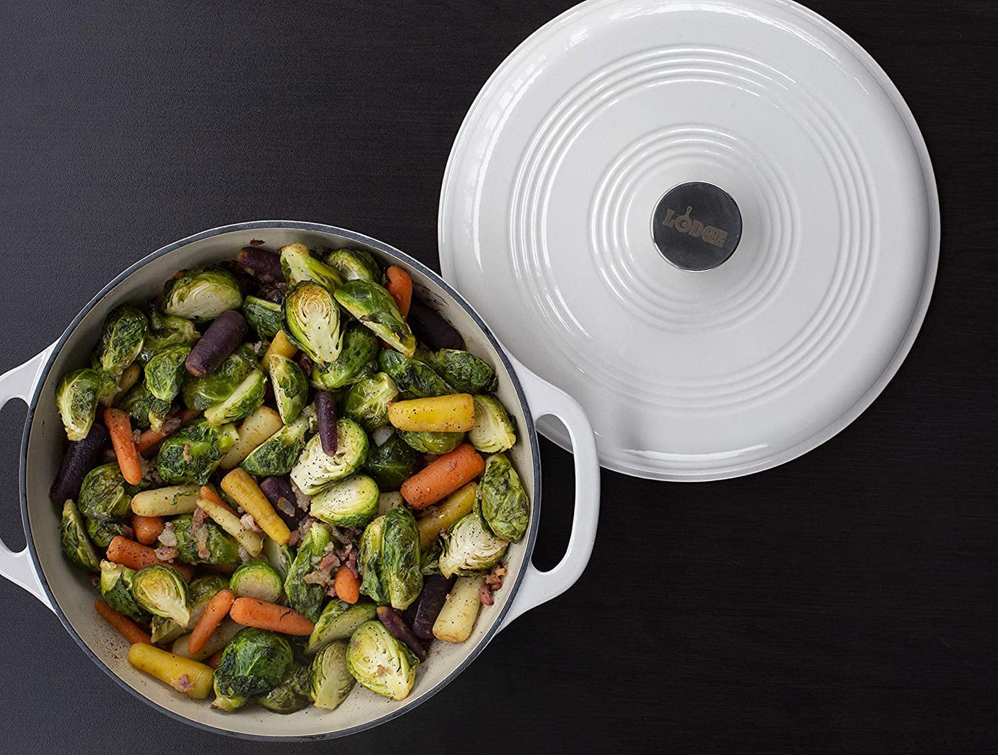 Lodge Essential Enamel Cast Iron Dutch Oven with Lid - Induction- Oven-Safe Enamel Cookware up to 500° F - Heat-Retaining Braising & Roasting Pot - Non-Toxic Cookware - 7.5 Quart, Oyster White
