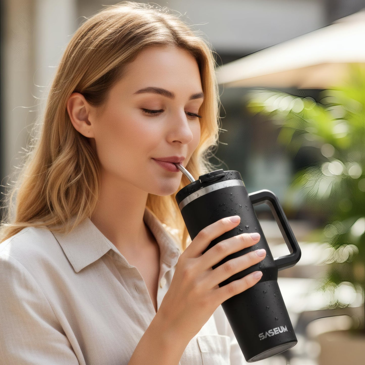 SASEUM 40 oz Tumbler with Handle and Straw, 2-in-1 Sip & Straw Lid, Vacuum Insulated Stainless Steel Travel Mug, Cup Holder Friendly, Black