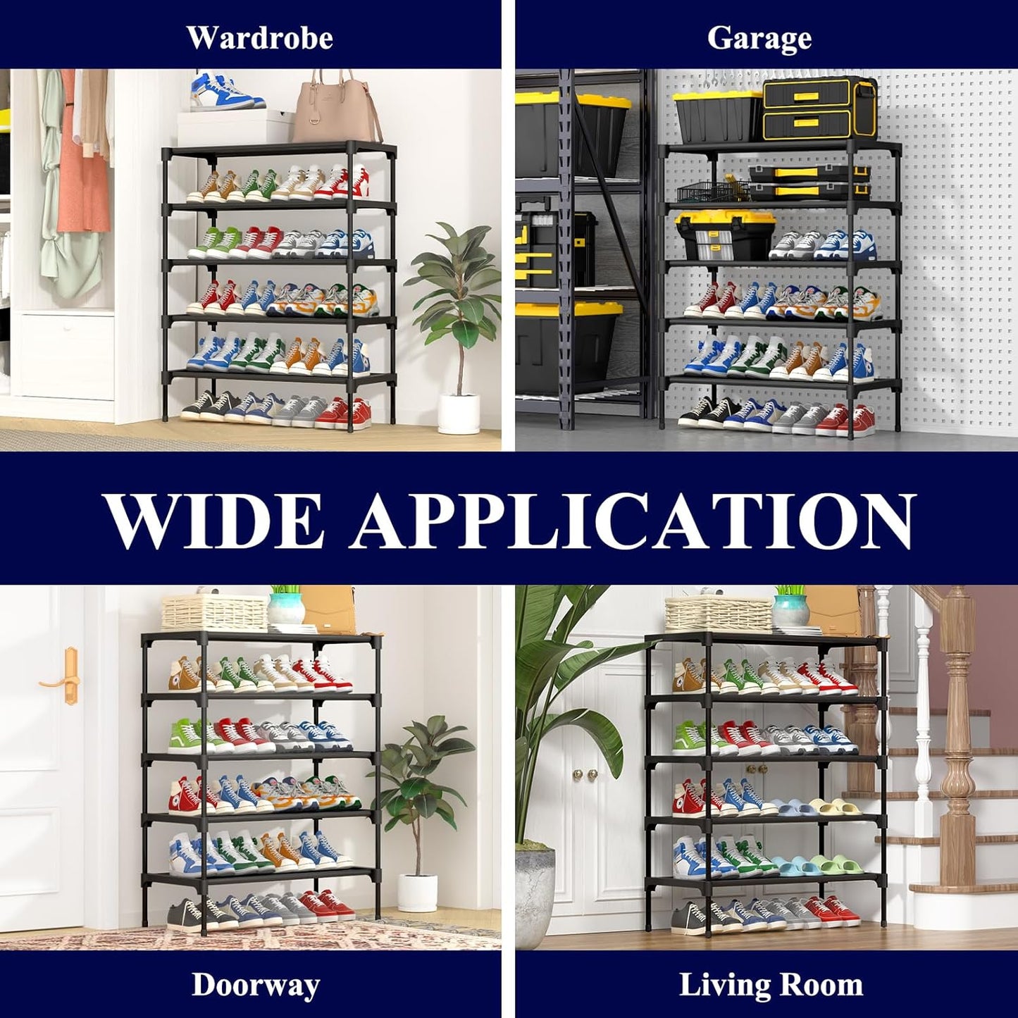 Kitsure Shoe Rack - Stackable 5-Tier Non-Woven Shoe Organizer for Closet & Entryway - 27.5" Wide, Black