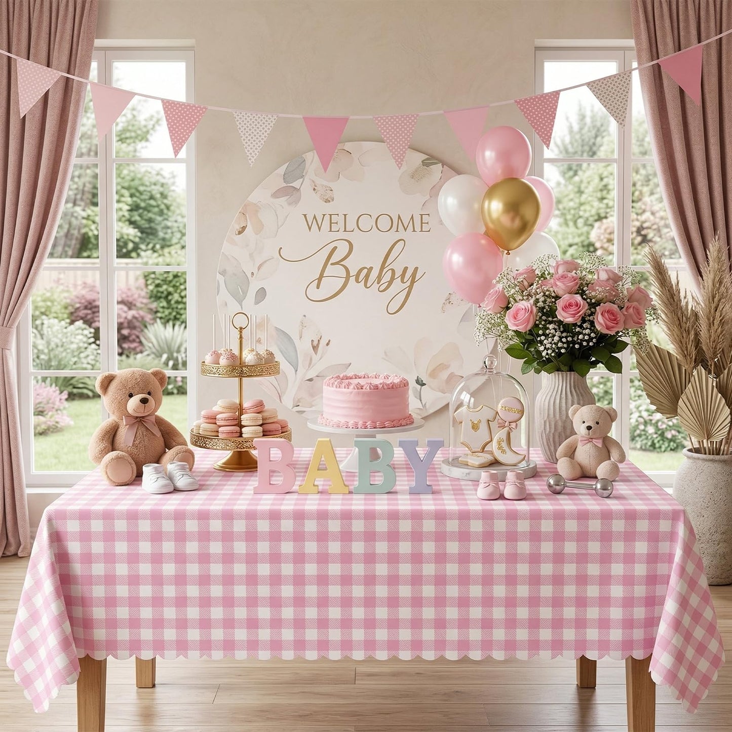 Ohkishly 2 Pack Pink Gingham Tablecloths, Pink and White Checkered Tablecloths Disposable Plastic Pink Plaid Table Cover for Easter Mother's Day Wedding Birthday Anniversay Baby Bridal Shower
