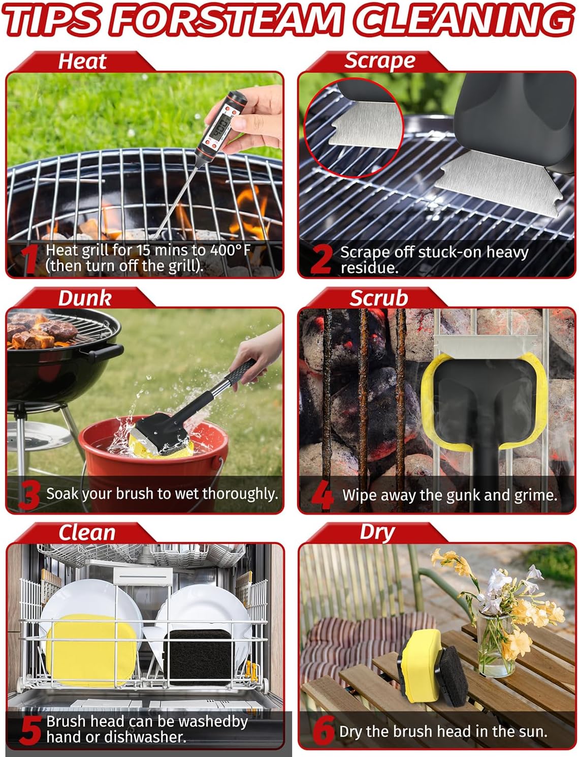 Skiennix BBQ Grill Cleaning Brush - Bristle-Free Design with 5 Replaceable Heads | 5-in-1 Cleaner Kit for Stainless Steel Grates
