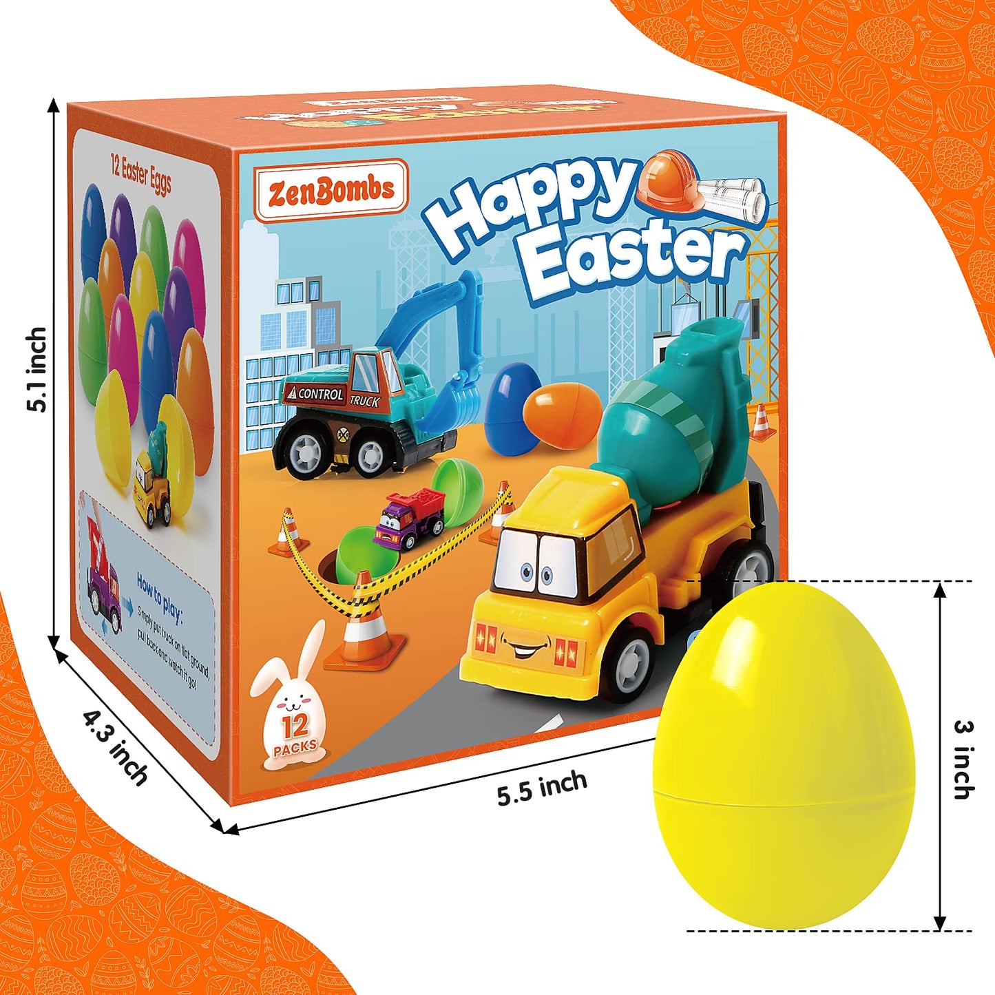 ZenBombs 12 Plastic Easter Eggs Filled with Pull-Back Engineering Toys Gift for Easter Egg Hunt, Birthday Party for Kids Over 3 Years Old