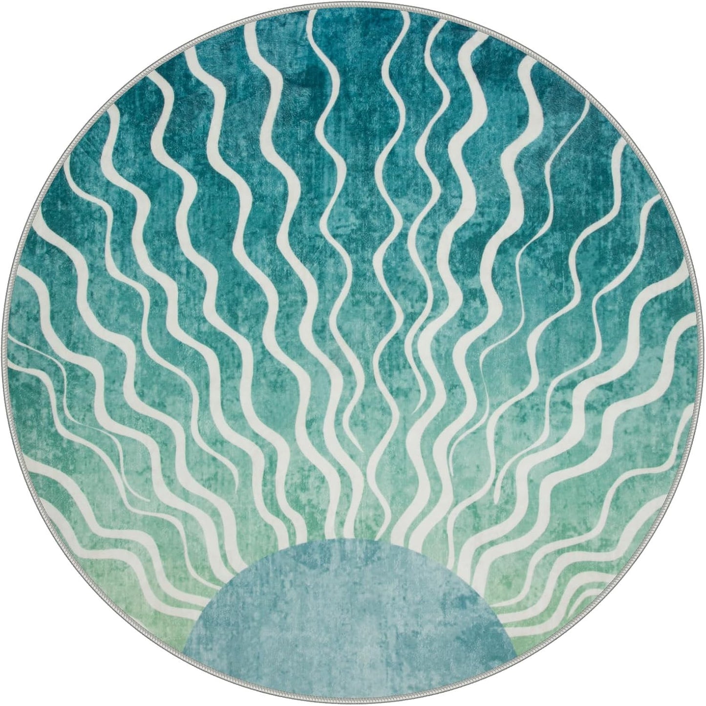 Wonnitar Boho Sun Print Round Rugs 5ft, Washable Circular Rug Green Round Carpet for Bedroom, Soft Sunset Distressed Non Slip Circle Carpet for Dining Room Living Room Office, Teal/Multi