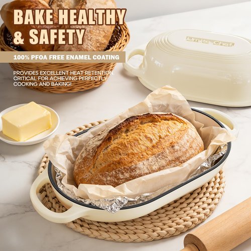 Enameled Cast Iron Dutch Oven for Bread Baking - incl. Sourdough Bread-Baking Supplies like Banneton Bread-Proofing Basket - 5QT Loaf Cast Iron Bread Oven Pan& Meatloaf Pan with Lid, Sour Sough Tools, Lame (Cream White)