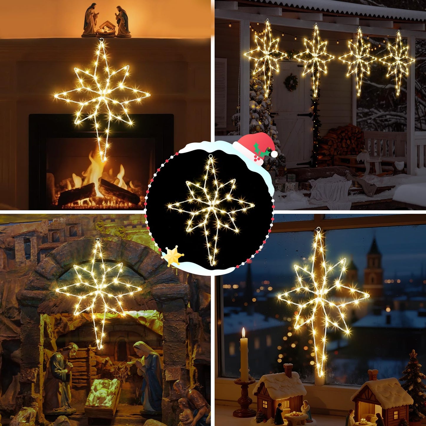 Hiboom Large 3 Pack Christmas Window Light Decorations, LED Bethlehem Christmas Star Window Silhouette Lights with Timer, 8 Models, Iron Frame, Battery Operated Lighted Xmas Star Decors(16 Inch)