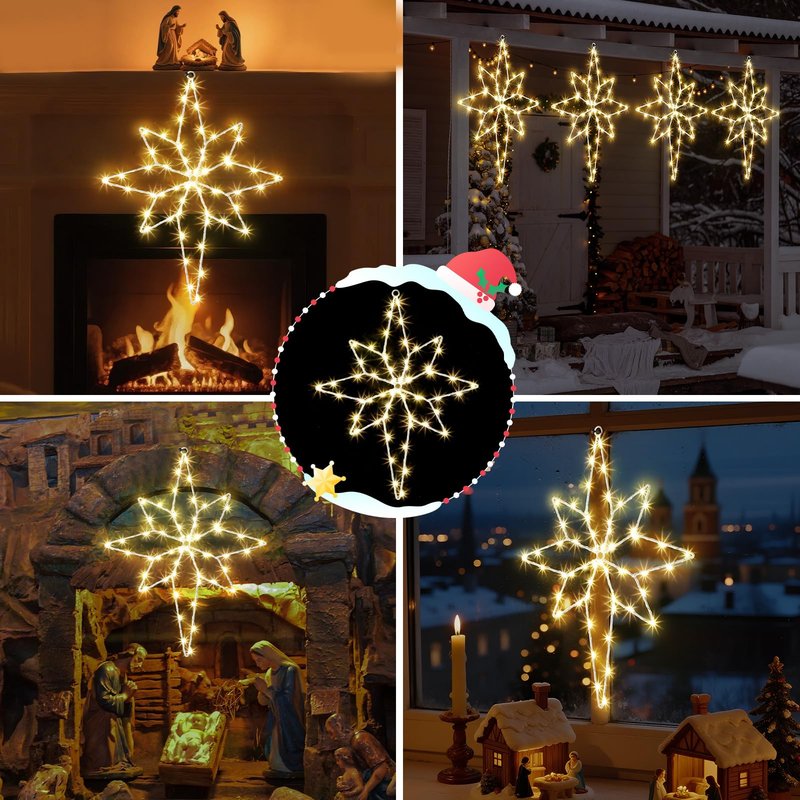 Hiboom Large 3 Pack Christmas Window Light Decorations, LED Bethlehem Christmas Star Window Silhouette Lights with Timer, 8 Models, Iron Frame, Battery Operated Lighted Xmas Star Decors(16 Inch)