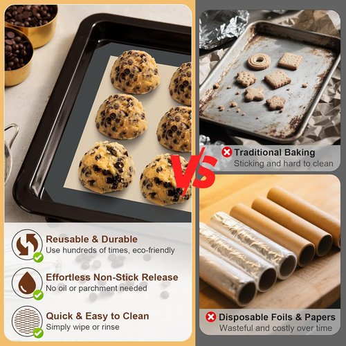 HOTEC Silicone Baking Mats 3 Pack - Non-Stick Reusable Baking Sheets for Cookies & Macarons | BPA-Free, Dishwasher Safe