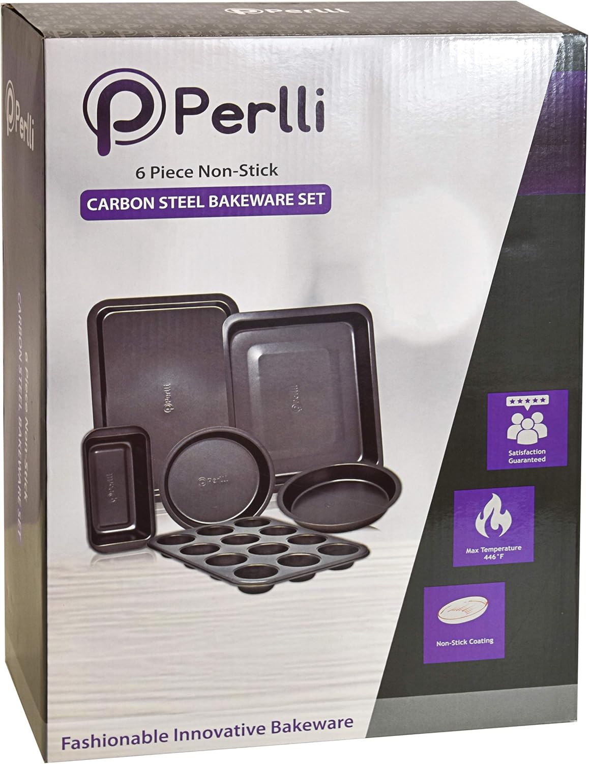 PERLLI Non-Stick Bakeware Set | 6-Piece Carbon Steel for Even Heat Distribution, Oven Safe to 446°F, BPA-Free, Dishwasher Safe - Gray
